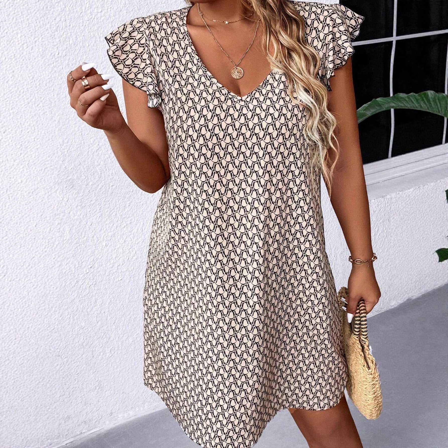 Damen lässiges Sommerkleid mit elegantem V-Ausschnitt und Rüschendetails R&B