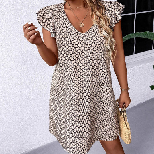 Damen lässiges Sommerkleid mit elegantem V-Ausschnitt und Rüschendetails R&B