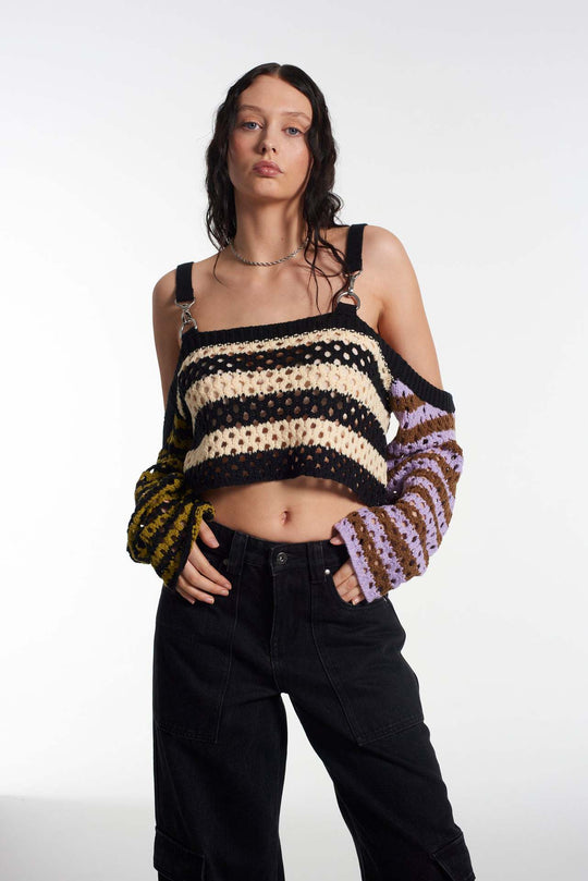 Damen gehäkeltes Crop-Top mit kreativen Streifen und dekorativen Ärmeln R&B