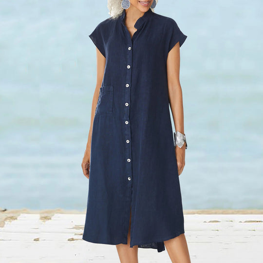 Damen lässiges Midi-Hemdkleid aus Leinen mit Knopfleiste und seitlichen Taschen R&B