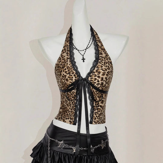 Damen Haltertop mit Spitzenverzierungen und Leopardenmuster R&B