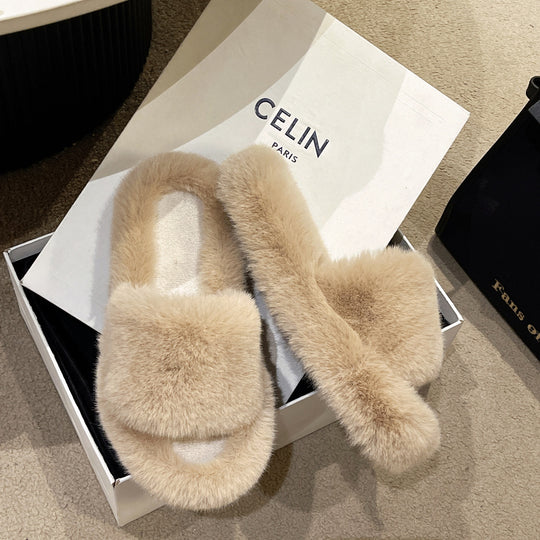 Damen Flauschige Hausschuhe mit breitem Riemen und weichem Innenfutter R&B