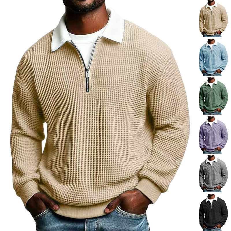 Herren nan strukturierter Waffelstrick-Pullover mit Polokragen und kurzem Reißverschluss R&B