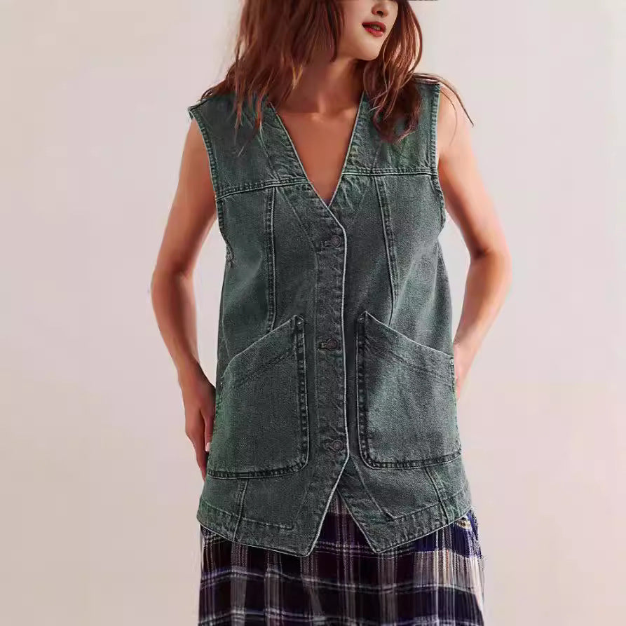 Damen Denim-Latzjacke mit praktischen Taschen und modischem V-Ausschnitt R&B