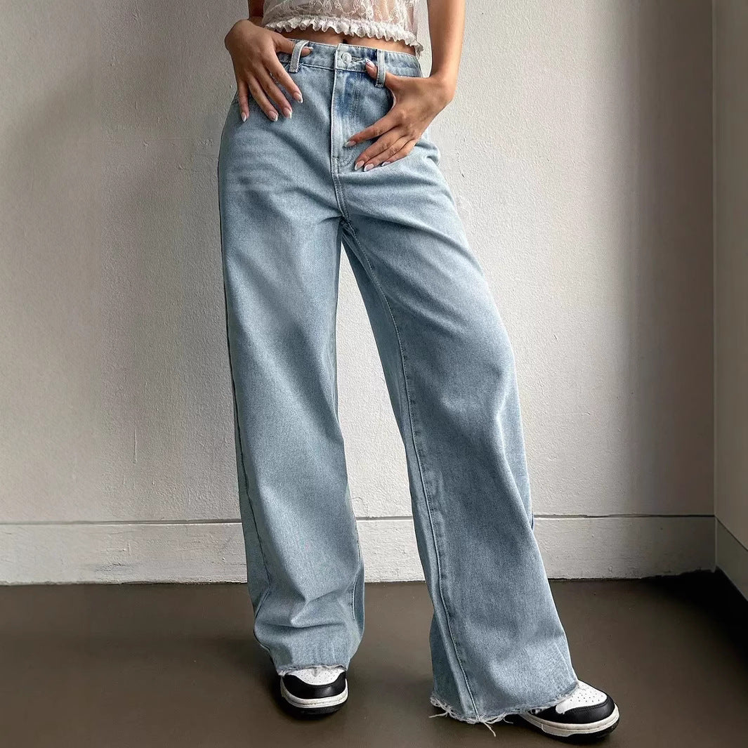 Damen Weite Jeans mit lässigem Schnitt und fransigen Säumen R&B