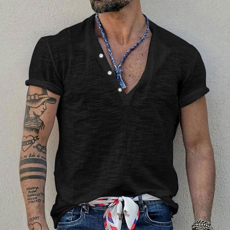 Herren Kurzarm Henley-Shirt mit dekorativen Knöpfen und atmungsaktiver Struktur R&B