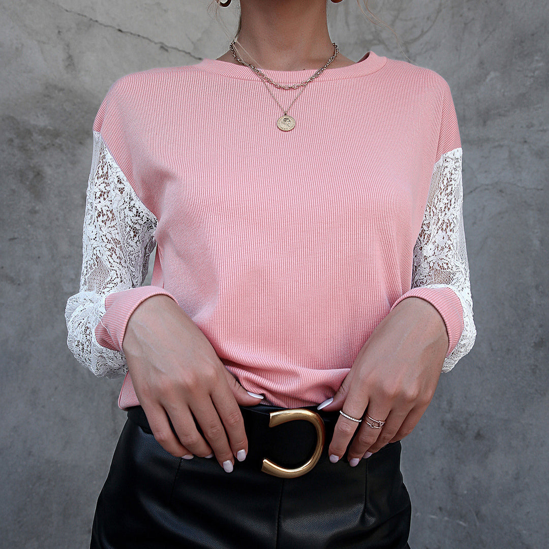 Damen Elegantes Langarm-Oberteil mit Spitze und strukturierter Oberfläche R&B