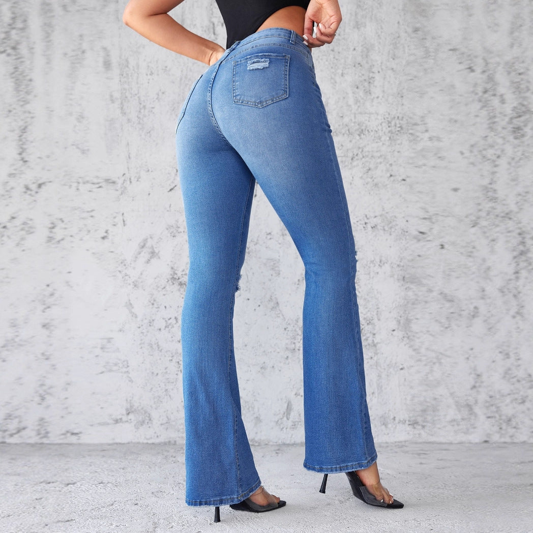 Damen Flared Jeans im modernen Used-Look mit eleganten Rissen und hohem Taillenbund R&B