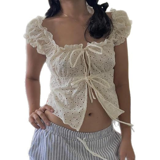 Damen Rüschenshirt mit tiefer Taille und Bindebändern R&B