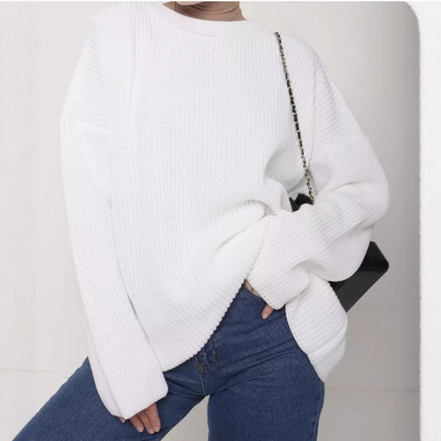 Damen Lässiger Grobstrickpullover mit weiten Ärmeln und modernem Schnitt R&B