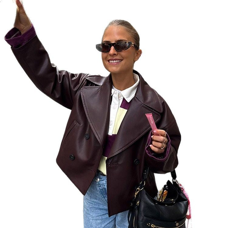 Damen modische Kunstlederjacke mit doppelter Knopfleiste R&B