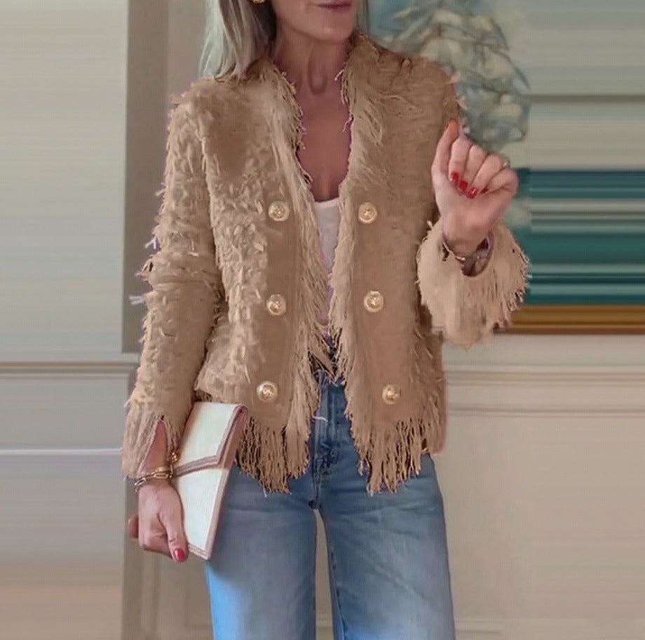 Damen nan fransenbesetzte Kurzjacke mit strukturierter Oberfläche und Zierknopfreihe R&B