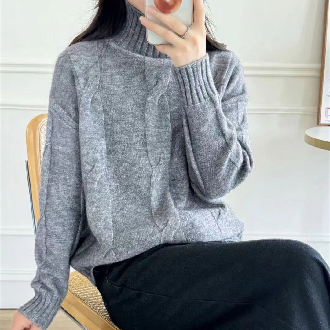 Damen Strickpullover mit hohem Kragen und Zopfmuster R&B