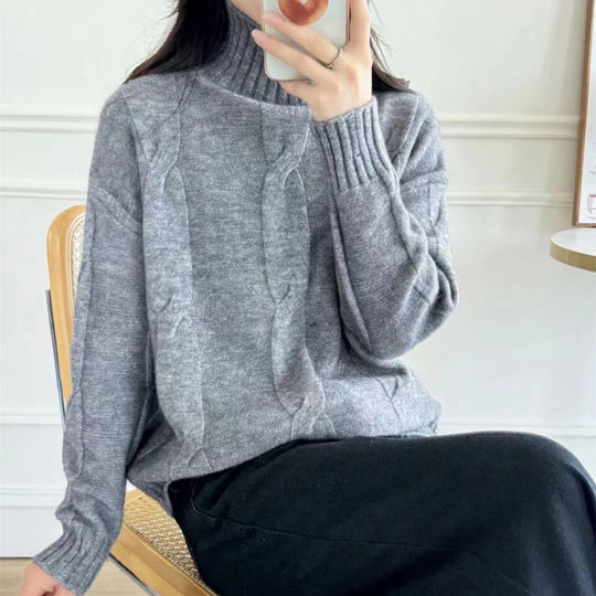 Damen Strickpullover mit hohem Kragen und Zopfmuster R&B