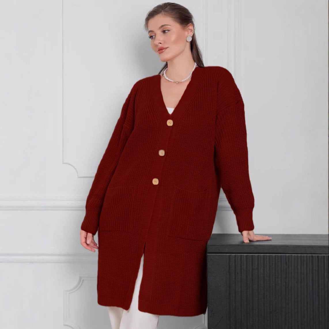 Damen Grobstrick-Cardigan mit schlichten Holzknöpfen und praktischen Taschen R&B