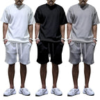 Herren nan lässiges Waffeljersey-Set mit weitem Oberteil und Tunnelzug-Shorts R&B