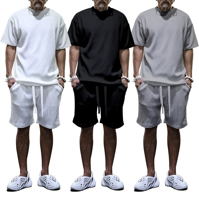 Herren nan lässiges Waffeljersey-Set mit weitem Oberteil und Tunnelzug-Shorts R&B