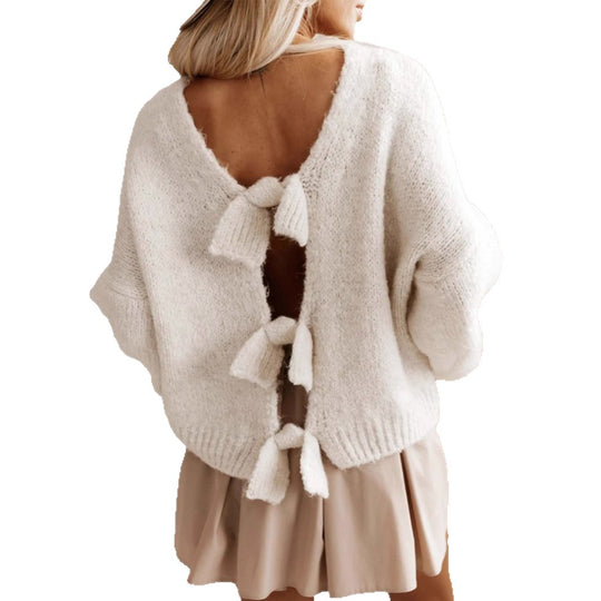 Damen lässiger Strickpullover mit tiefem Rückenausschnitt und Schleifendetails R&B