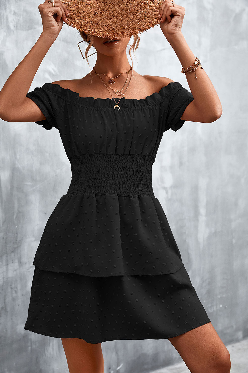 Damen Off-Shoulder Sommerkleid mit rüschenförmigem Saum und elastischem Taillenbund R&B