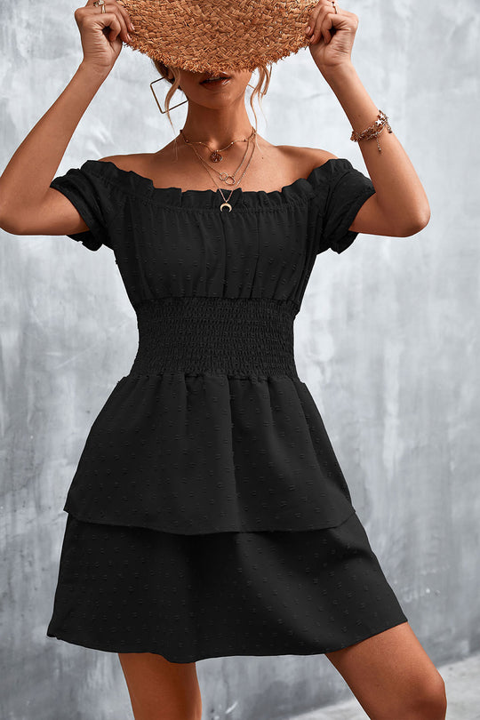 Damen Off-Shoulder Sommerkleid mit rüschenförmigem Saum und elastischem Taillenbund R&B
