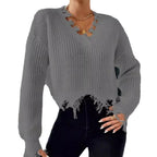 Damen Oversized Strickpullover mit fransigem Saum und raffiniertem Ausschnitt R&B