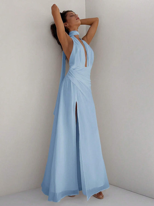 Damen Maxi-Kleid mit tiefem V-Ausschnitt und Wickeldesign R&B