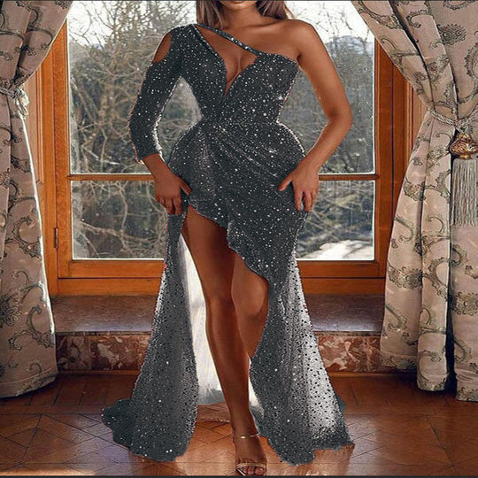 Damen Festliches Cocktailkleid mit glitzerndem Oberteil und asymmetrischem Design R&B