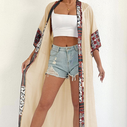 Damen eleganter, leichter Kaftan mit buntem Häkelbesatz R&B