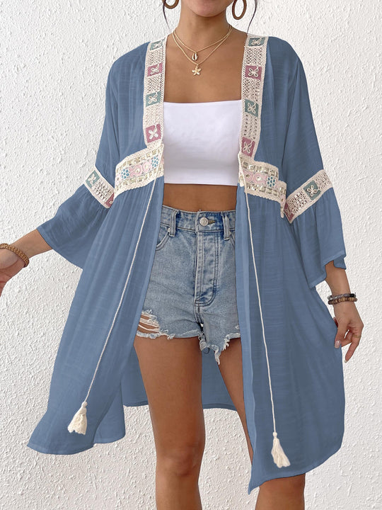 Damen luftiger Strandkimono mit floralen Stickereien R&B
