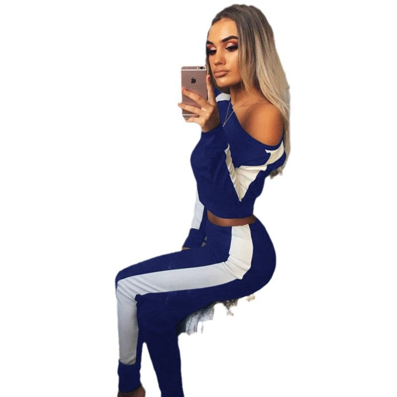 Damen Sportanzug mit modischem Off-Shoulder Sweatshirt und enganliegenden Leggings R&B