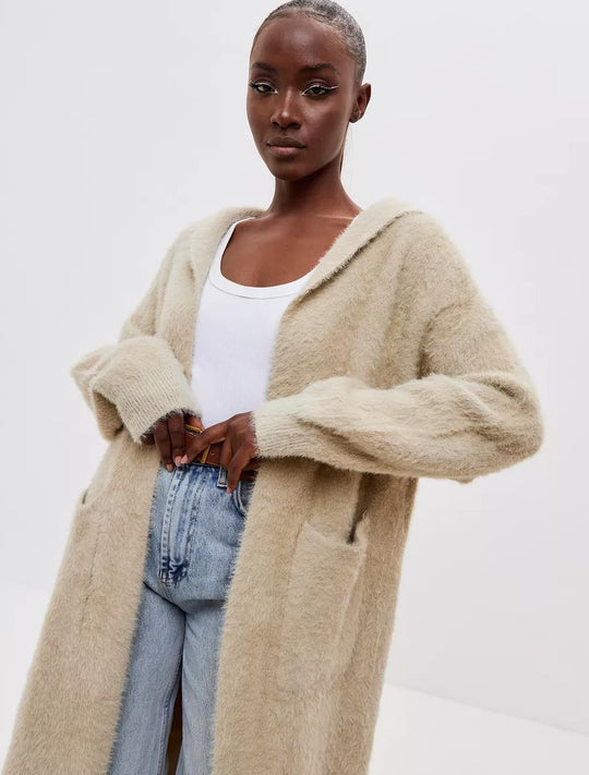 Damen Kapuzen-Strickmantel mit luxuriösem Flauschteil R&B