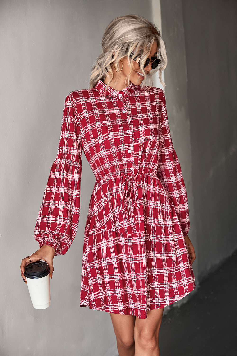 Damen Hemdblusenkleid mit verstellbarem Taillengürtel und kariertem Design R&B