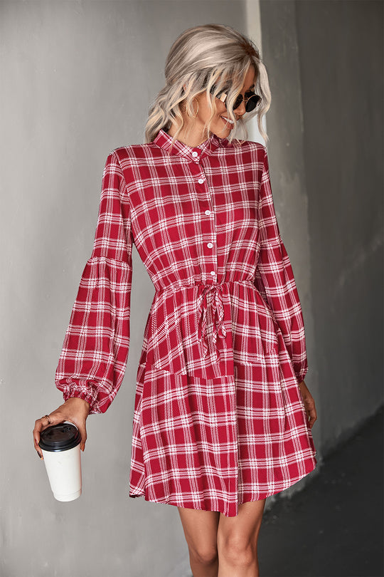 Damen Hemdblusenkleid mit verstellbarem Taillengürtel und kariertem Design R&B