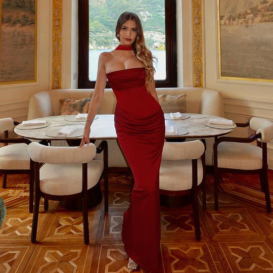 Damen elegantes Maxikleid mit raffiniertem Wasserfallausschnitt und figurbetontem Schnitt R&B