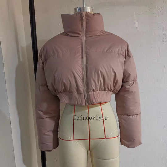 Damen cropped Daunenjacke mit hohem Kragen und elastischem Bund R&B