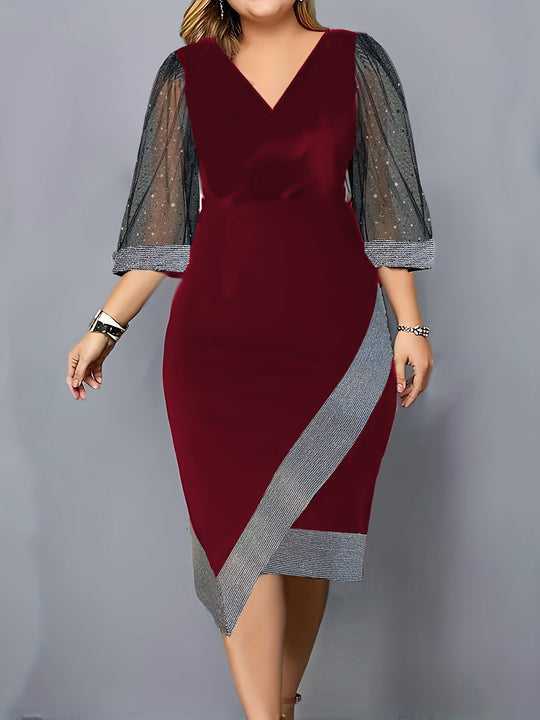 Damen Elegantes Cocktailkleid mit transparenten Puffärmeln und asymmetrischem Saum R&B