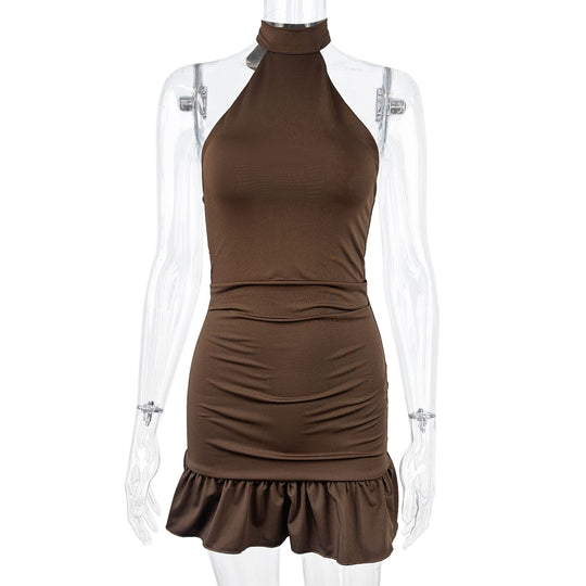 Damen ärmelloses Minikleid mit hohem Kragen und Rüschensaum R&B