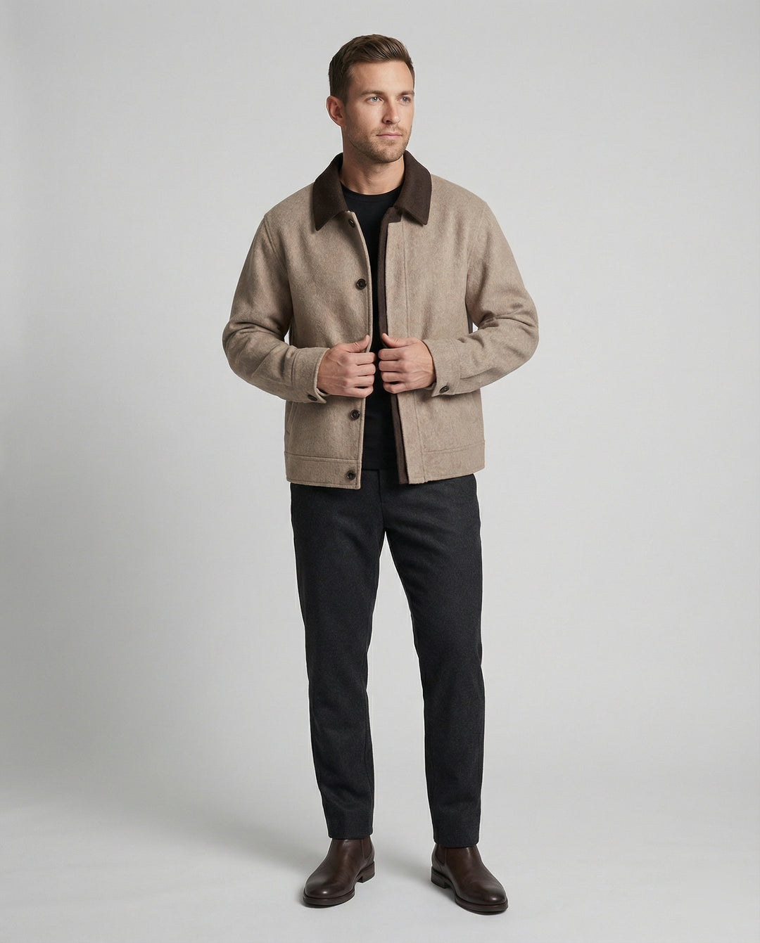 Herren geradliniger Wollmix-Hemdblouson mit Kontrastfutter und verdeckten Eingrifftaschen R&B