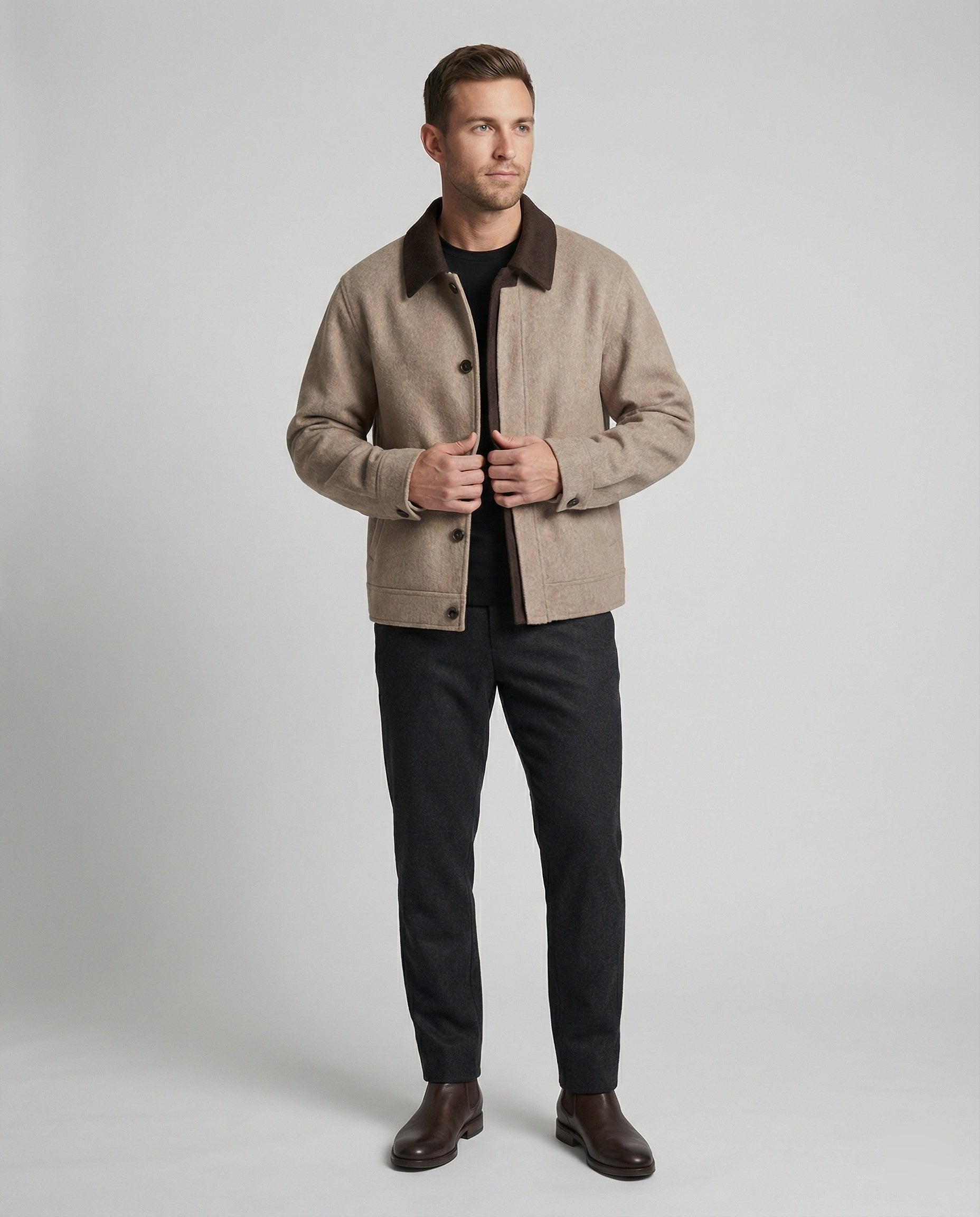 Herren geradliniger Wollmix-Hemdblouson mit Kontrastfutter und verdeckten Eingrifftaschen R&B