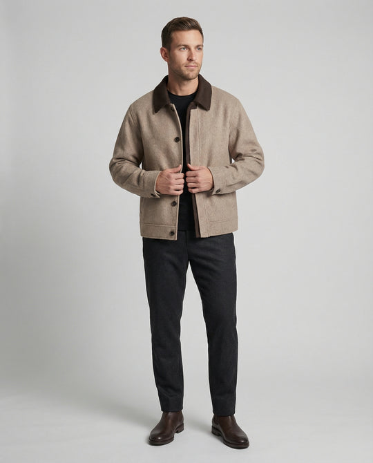 Herren geradliniger Wollmix-Hemdblouson mit Kontrastfutter und verdeckten Eingrifftaschen R&B