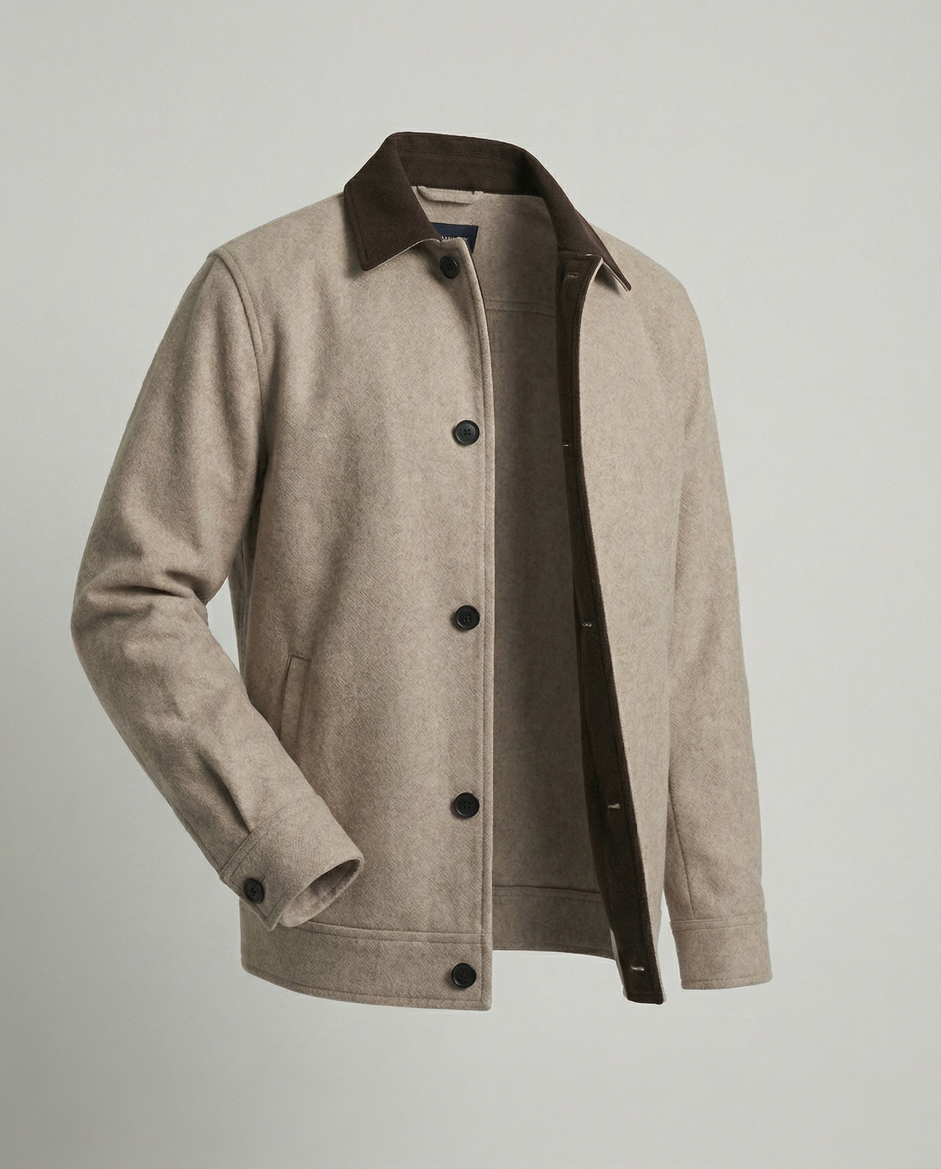 Herren geradliniger Wollmix-Hemdblouson mit Kontrastfutter und verdeckten Eingrifftaschen R&B