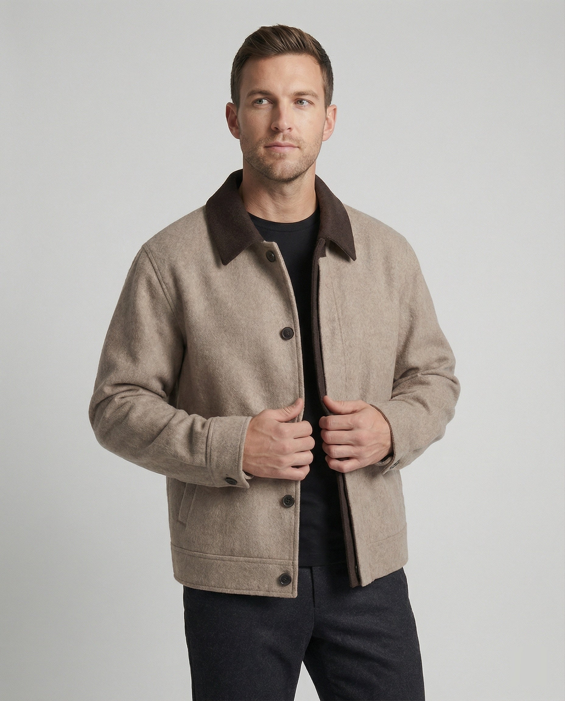 Herren geradliniger Wollmix-Hemdblouson mit Kontrastfutter und verdeckten Eingrifftaschen R&B