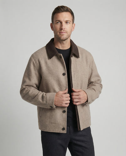 Herren geradliniger Wollmix-Hemdblouson mit Kontrastfutter und verdeckten Eingrifftaschen R&B