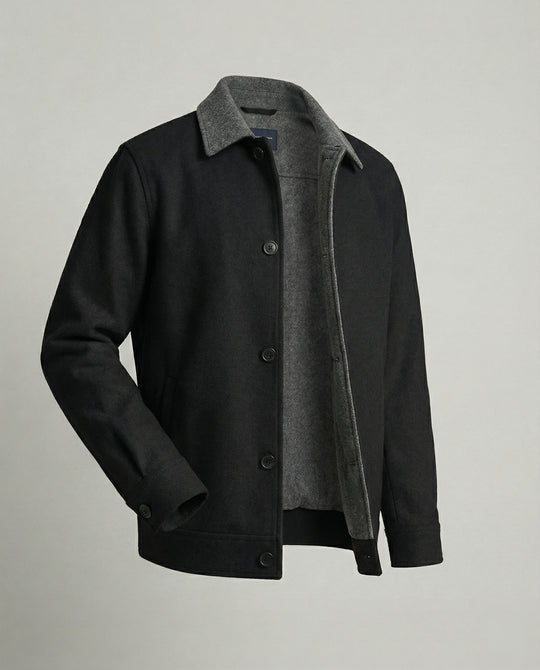 Herren geradliniger Wollmix-Hemdblouson mit Kontrastfutter und verdeckten Eingrifftaschen R&B