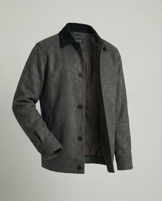 Herren geradliniger Wollmix-Hemdblouson mit Kontrastfutter und verdeckten Eingrifftaschen R&B