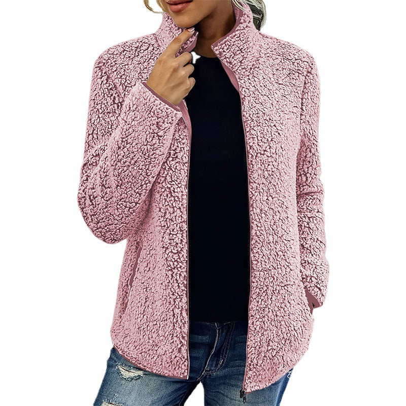 Damen Flauschige Fleecejacke mit hohen Kragen und seitlichen Taschen R&B