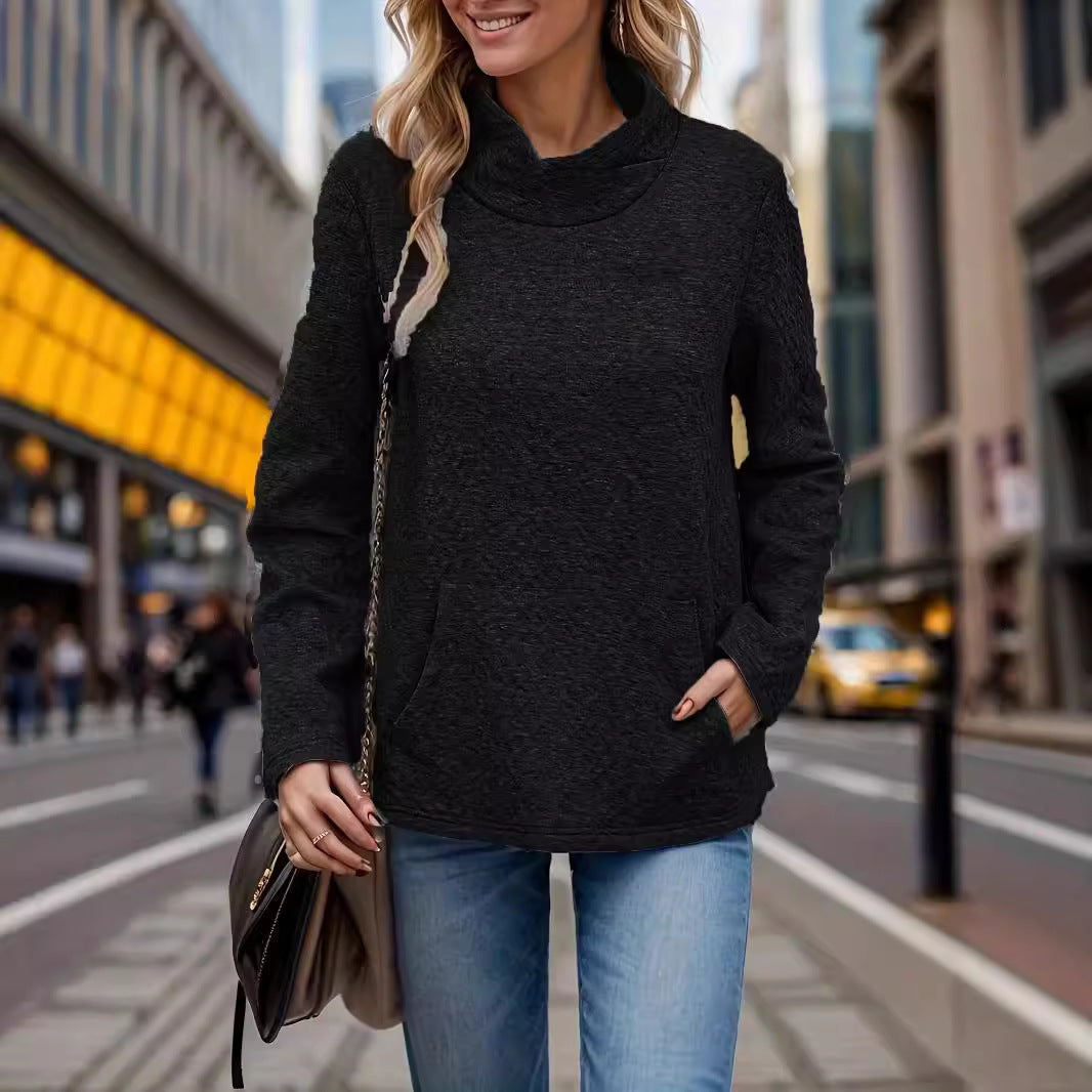 Damen lässiger Pullover mit hohem Kragen und Taschen R&B