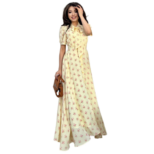 Damen Maxikleid mit eleganter Schleifenbindung und romantischem Blütenmuster R&B