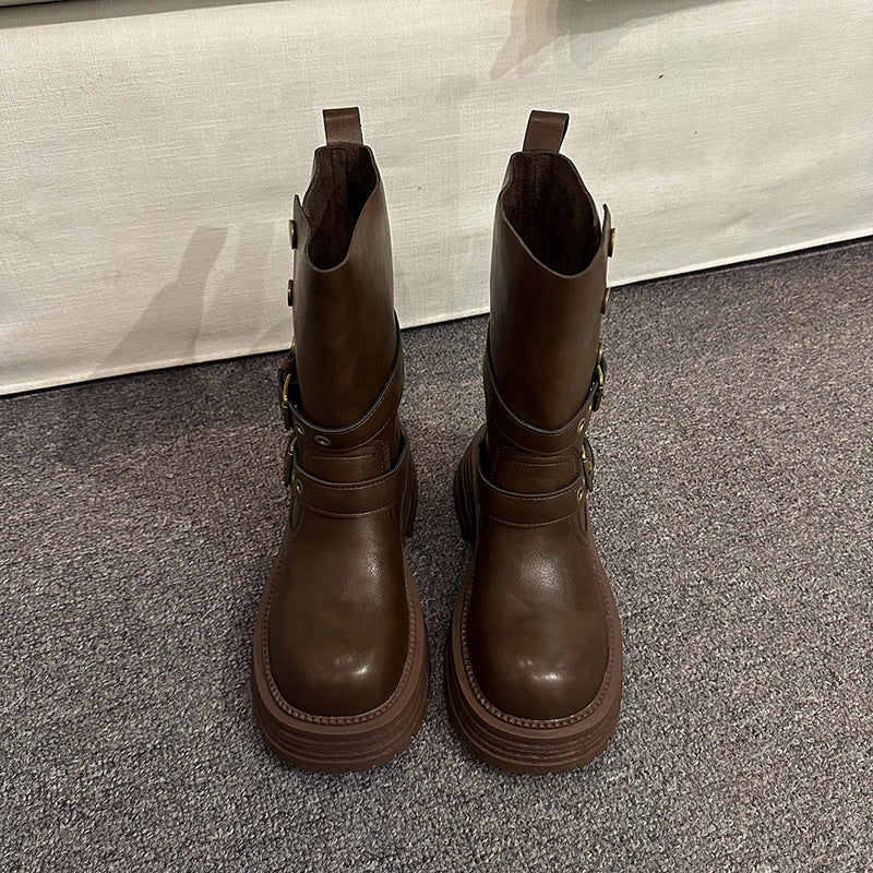 Damen Stiefeletten mit modischen Schnallen und robuster Plateausohle R&B