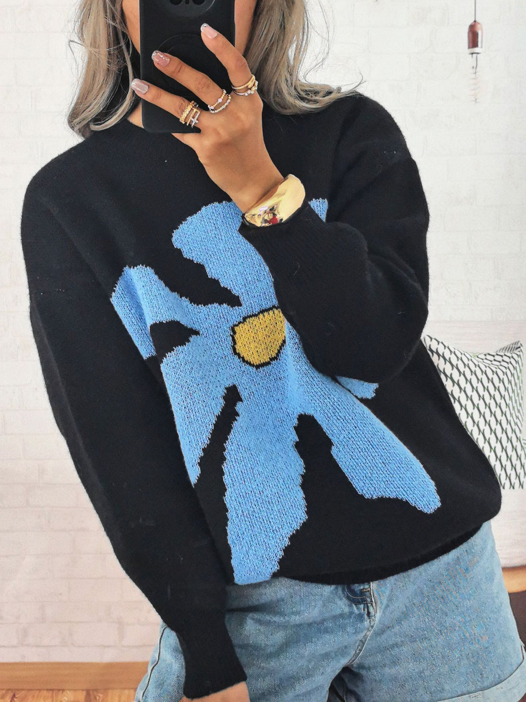 Damen Pullover mit auffälligem Blütenmotiv und lockerer Passform R&B